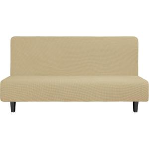 Easy-Going Stretch Futon Slipcover Armless Futon Bed Cover Furniture Protector Without Armrests with Elastic Bottom for Kids, Soft Jacquard Fabric Small Checks (Large, Dark Gray)(Beige)