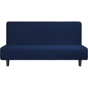 Easy-Going Stretch Futon Slipcover Armless Futon Bed Cover Furniture Protector Without Armrests with Elastic Bottom for Kids, Soft Jacquard Fabric Small Checks (Large, Dark Gray)(Navy)
