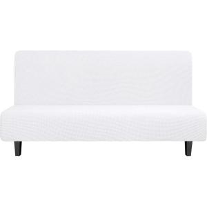 Easy-Going Stretch Futon Slipcover Armless Futon Bed Cover Furniture Protector Without Armrests with Elastic Bottom for Kids, Soft Jacquard Fabric Small Checks (Large, Dark Gray)(Snow White)