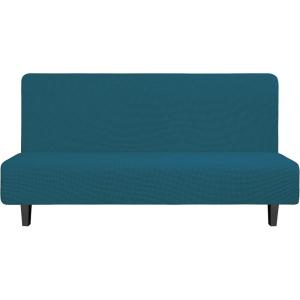 Easy-Going Stretch Futon Slipcover Armless Futon Bed Cover Furniture Protector Without Armrests with Elastic Bottom for Kids, Soft Jacquard Fabric Small Checks (Large, Dark Gray)(Peacock Blue)