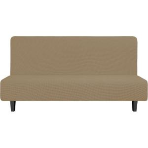Easy-Going Stretch Futon Slipcover Armless Futon Bed Cover Furniture Protector Without Armrests with Elastic Bottom for Kids, Soft Jacquard Fabric Small Checks (Large, Dark Gray)(Tan)