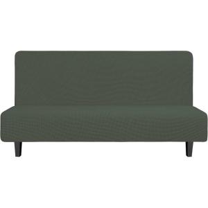 Easy-Going Stretch Futon Slipcover Armless Futon Bed Cover Furniture Protector Without Armrests with Elastic Bottom for Kids, Soft Jacquard Fabric Small Checks (Large, Dark Gray)(Olive Green)