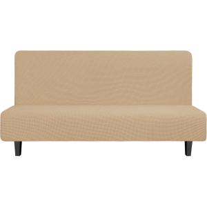 Easy-Going Stretch Futon Slipcover Armless Futon Bed Cover Furniture Protector Without Armrests with Elastic Bottom for Kids, Soft Jacquard Fabric Small Checks (Large, Dark Gray)(Sand)