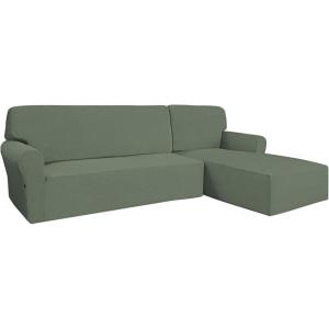 Easy-Going Stretch Sofa Slipcover 2 Pieces L-Shaped Sofa Cover Sectional Couch Cover for Living Room Jacquard Fabric Chaise Lounge Slipcover with Elastic Bottom for Dogs Kids Pets(Large,Chocolate)(Greyish Green)