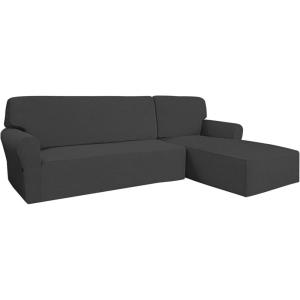 Easy-Going Stretch Sofa Slipcover 2 Pieces L-Shaped Sofa Cover Sectional Couch Cover for Living Room Jacquard Fabric Chaise Lounge Slipcover with Elastic Bottom for Dogs Kids Pets(Large,Chocolate)(Dark Gray)