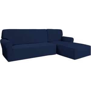 Easy-Going Stretch Sofa Slipcover 2 Pieces L-Shaped Sofa Cover Sectional Couch Cover for Living Room Jacquard Fabric Chaise Lounge Slipcover with Elastic Bottom for Dogs Kids Pets(Large,Chocolate)(Navy)