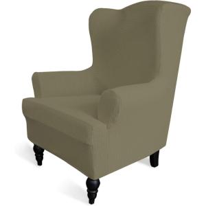 Easy-Going Stretch Wingback Chair Sofa Slipcover 1-Piece Sofa Cover Furniture Protector Couch Soft with Elastic Bottom Spandex Jacquard Fabric Small Checks(Wing Chair,Camel)(Khaki)