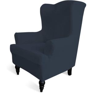 Easy-Going Stretch Wingback Chair Sofa Slipcover 1-Piece Sofa Cover Furniture Protector Couch Soft with Elastic Bottom Spandex Jacquard Fabric Small Checks(Wing Chair,Camel)(Dark Blue)