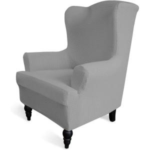 Easy-Going Stretch Wingback Chair Sofa Slipcover 1-Piece Sofa Cover Furniture Protector Couch Soft with Elastic Bottom Spandex Jacquard Fabric Small Checks(Wing Chair,Camel)(Light Gray)