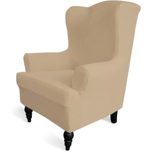 Easy-Going Stretch Wingback Chair Sofa Slipcover 1-Piece Sofa Cover Furniture Protector Couch Soft with Elastic Bottom Spandex Jacquard Fabric Small Checks(Wing Chair,Camel)(Sand)