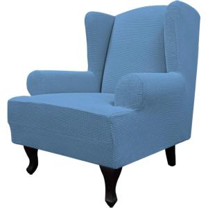 Easy-Going Stretch Wingback Chair Sofa Slipcover 1-Piece Sofa Cover Furniture Protector Couch Soft with Elastic Bottom Spandex Jacquard Fabric Small Checks(Wing Chair,Camel)(Light Blue)
