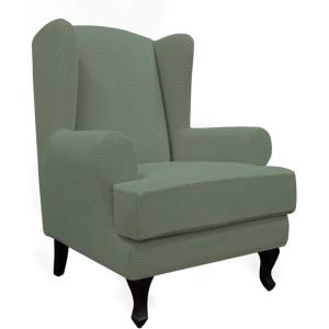 Easy-Going Stretch Wingback Chair Sofa Slipcover 2-Piece Sofa Cover Furniture Protector Couch Soft with Elastic Bottom, Spandex Jacquard Fabric Small Checks, Dark Gray(Greyish Green)