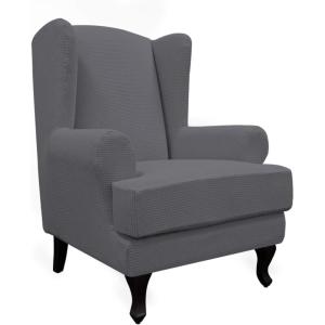 Easy-Going Stretch Wingback Chair Sofa Slipcover 2-Piece Sofa Cover Furniture Protector Couch Soft with Elastic Bottom, Spandex Jacquard Fabric Small Checks, Dark Gray(Grey)