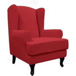 Easy-Going Stretch Wingback Chair Sofa Slipcover 2-Piece Sofa Cover Furniture Protector Couch Soft with Elastic Bottom, Spandex Jacquard Fabric Small Checks, Dark Gray(Christmas Red)