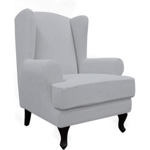 Easy-Going Stretch Wingback Chair Sofa Slipcover 2-Piece Sofa Cover Furniture Protector Couch Soft with Elastic Bottom, Spandex Jacquard Fabric Small Checks, Dark Gray(Silver Gray)