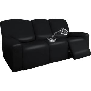 Easy-Going PU Leather Recliner Sofa Slipcovers, Waterproof Stretch Sofa Covers, 8 Pieces Stretch Furniture Protector, Elastic Strap Shield Pets Kids Children Cats Dogs Black