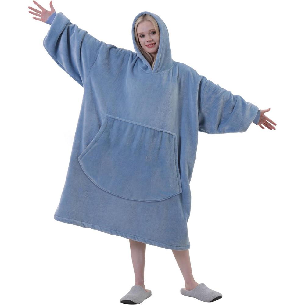 image:imageEasyGoing Oversized Flannel Wearable Blanket Hoodie for Adults One Size Fits AllLight Blue
