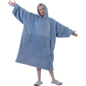 Easy-Going Oversized Flannel Wearable Blanket Hoodie for Adults, One Size Fits All(Light Blue)