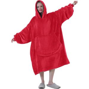 Easy-Going Oversized Flannel Wearable Blanket Hoodie for Adults, One Size Fits All(Rose Red)