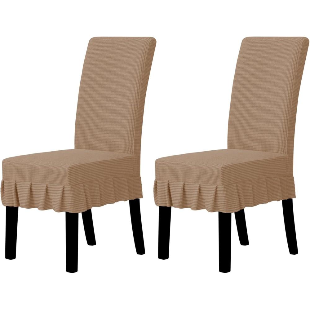 image:imageEasyGoing Dining Chair Covers Stretch Parsons Chair Slipcover with Skirt Chair Covers for Dining Room Restaurant Banquet 2 PCS Light GrayCamel