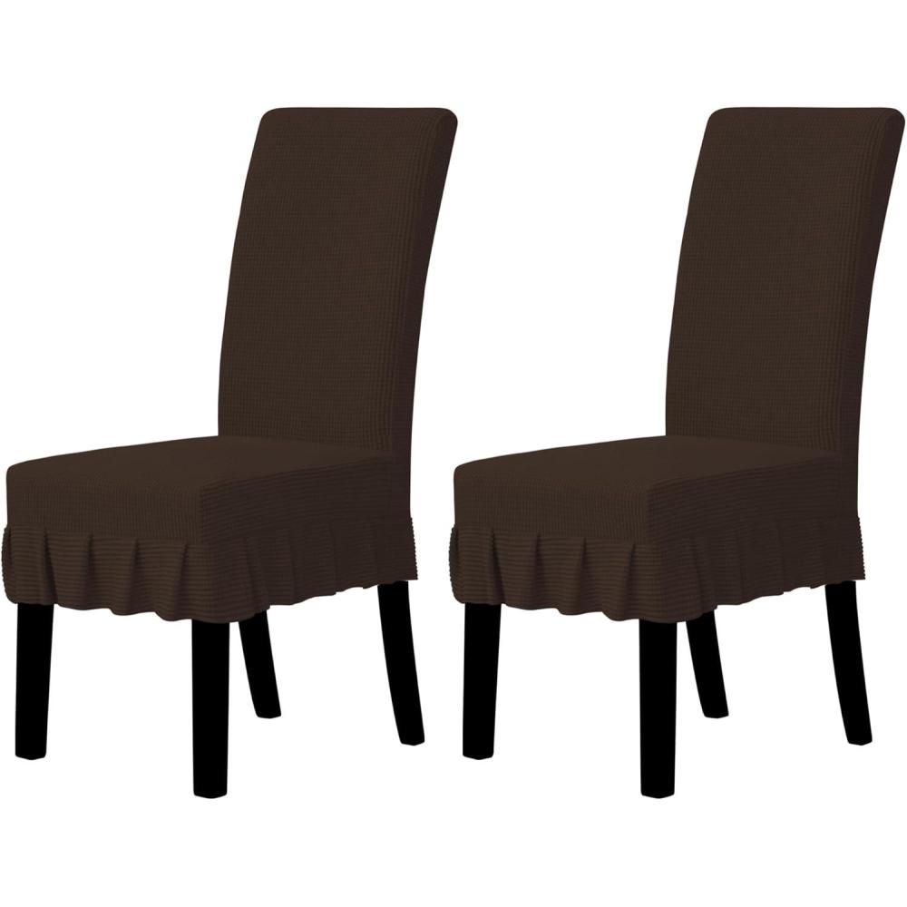 image:imageEasyGoing Dining Chair Covers Stretch Parsons Chair Slipcover with Skirt Chair Covers for Dining Room Restaurant Banquet 2 PCS Light GrayChocolate